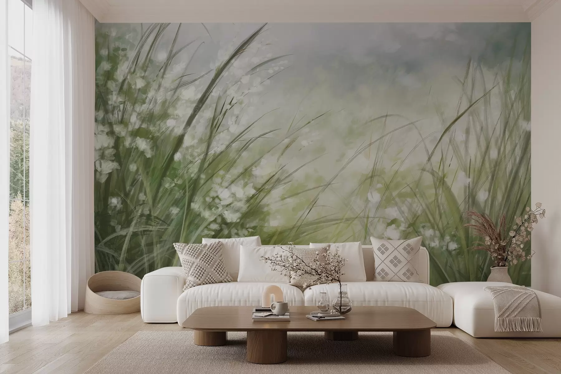 wall murals Lush green grass with delicate white flowers, softly blurred print with light hues, creating a tranquil landscape w08779