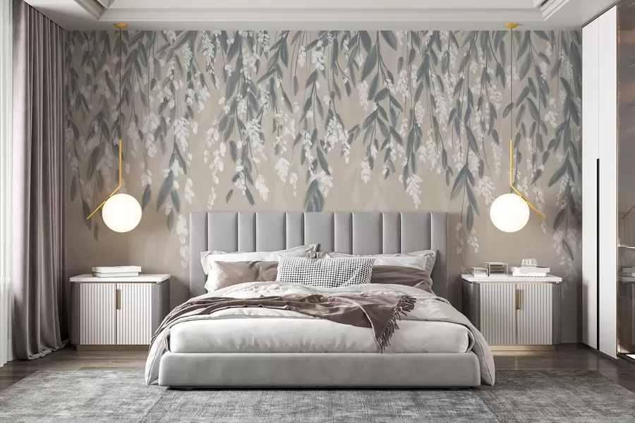 wall murals Cascading foliage branches in shades of muted green with white flowers and leaves on beige background w08781