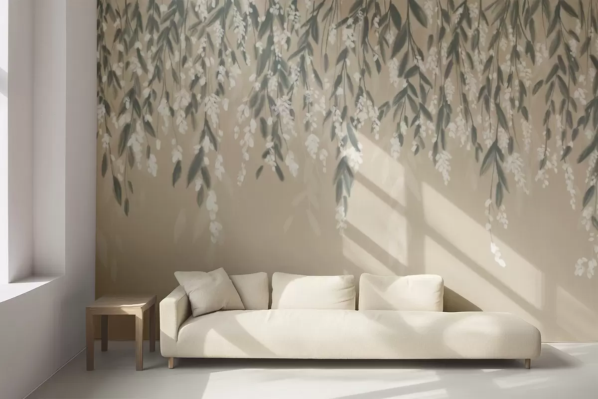 wall murals Cascading foliage branches in shades of muted green with white flowers and leaves on beige background w08781