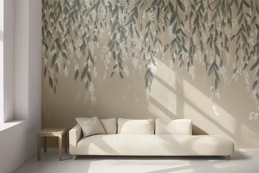 wall murals Cascading foliage branches in shades of muted green with white flowers and leaves on beige background w08781