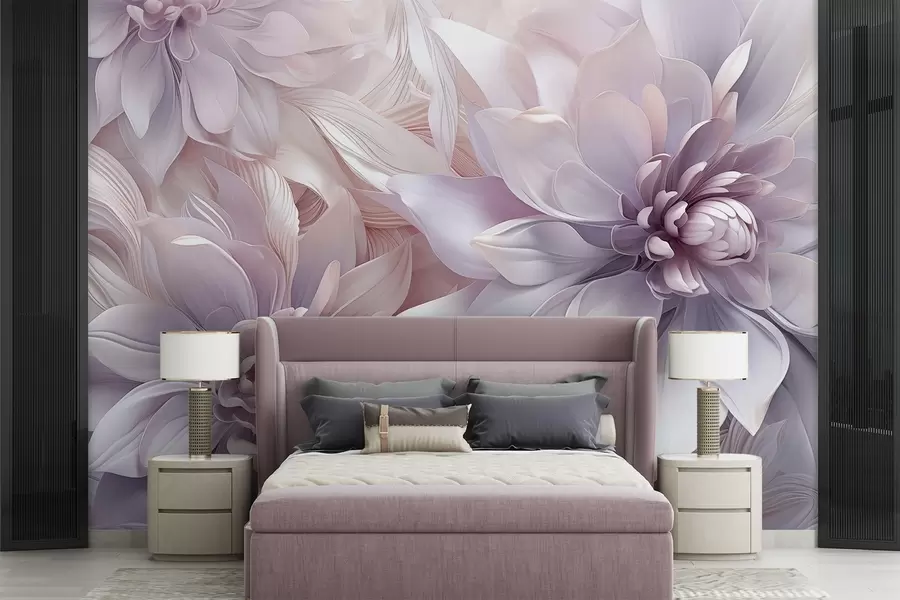 wall murals Soft, layered flowers in shades of pale pink, lavender, and white with delicate petals and intricate details w08783