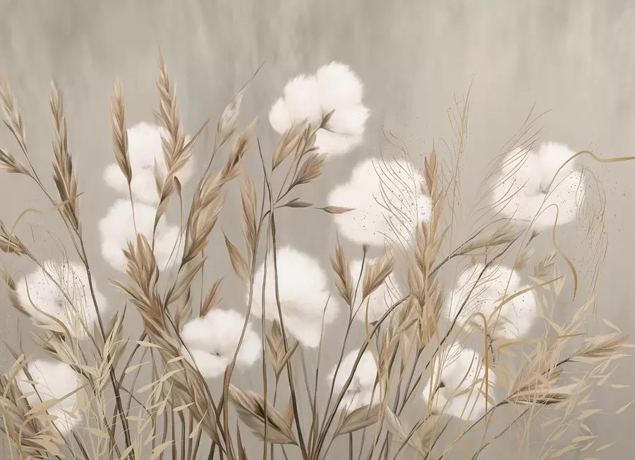 wall murals Soft, fluffy cotton white flowers and tall orange spikelets grasses against a muted textured beige background w08784