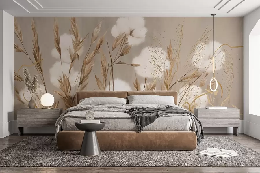 wall murals Soft, fluffy cotton white flowers and tall orange spikelets grasses against a muted textured beige background w08784