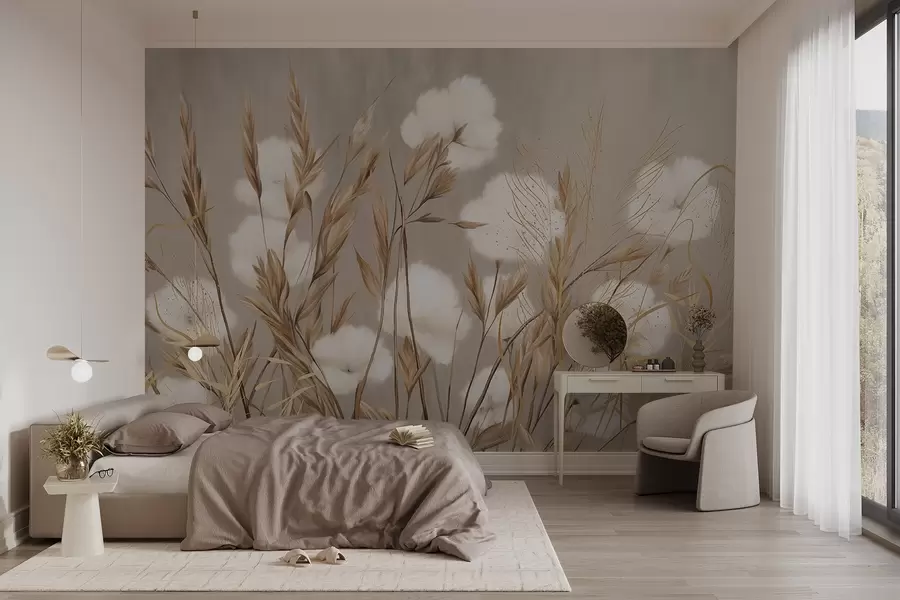 wall murals Soft, fluffy cotton white flowers and tall orange spikelets grasses against a muted textured beige background w08784
