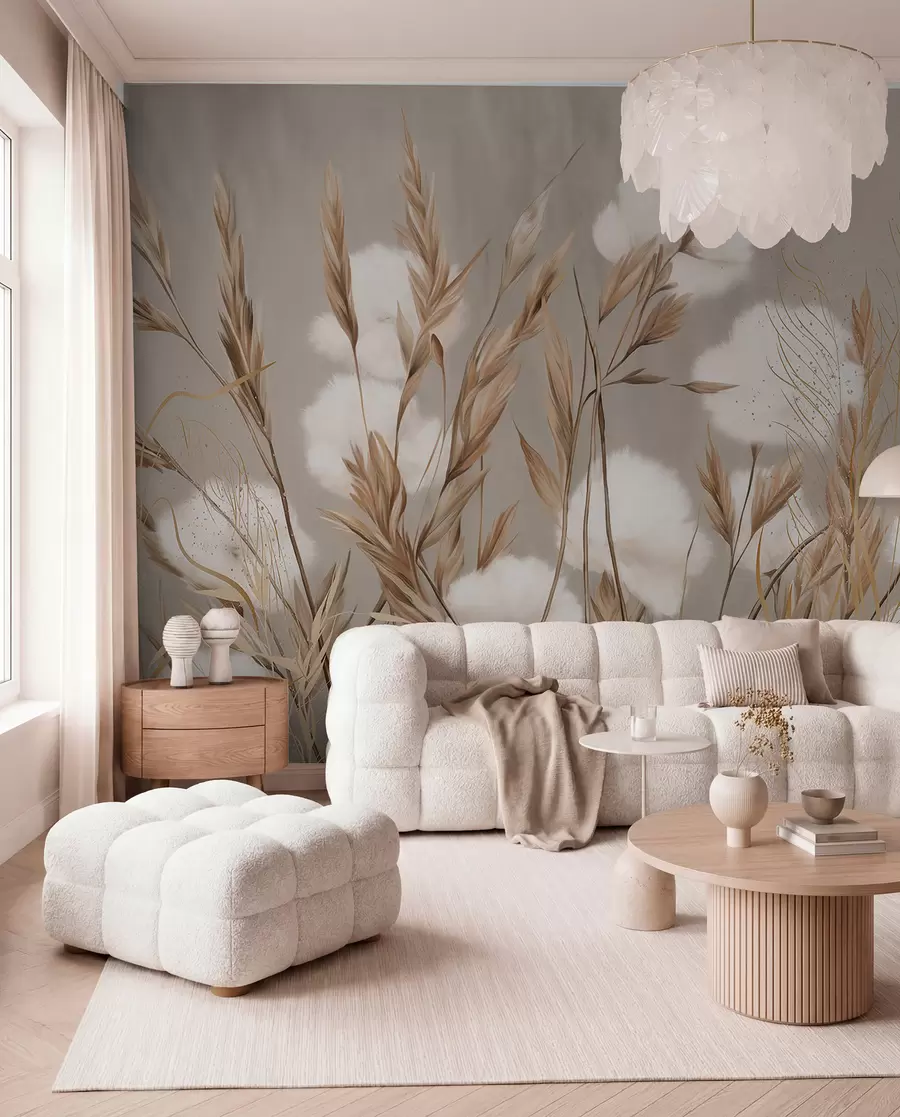 wall murals Soft, fluffy cotton white flowers and tall orange spikelets grasses against a muted textured beige background w08784