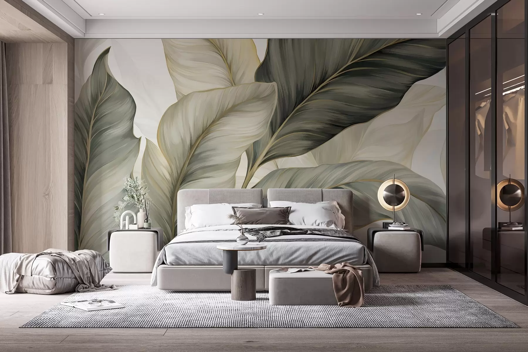 wall murals Large, stylized textured leaves with detailed veins in various shades of green, cream and beige w08785