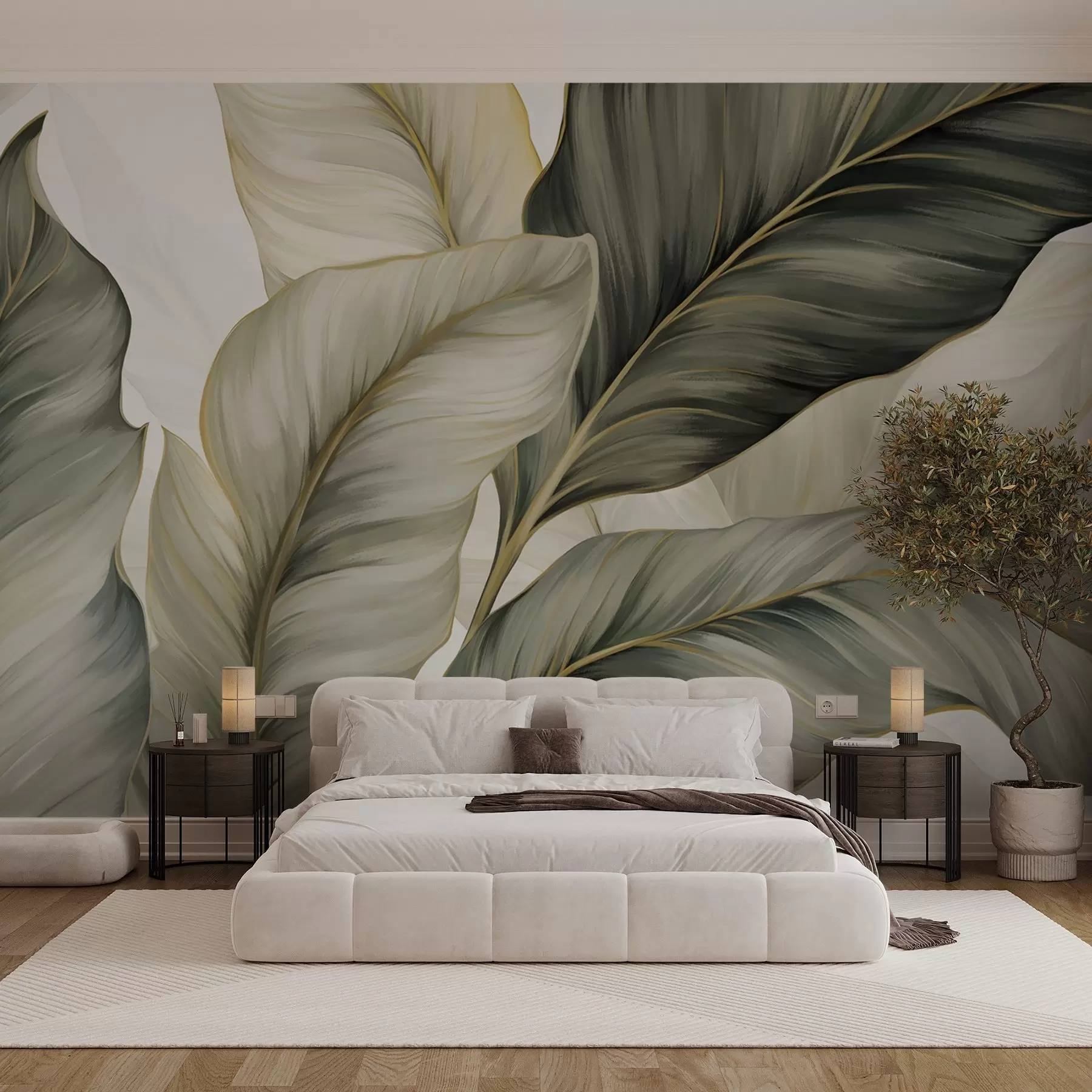 wall murals Large, stylized textured leaves with detailed veins in various shades of green, cream and beige w08785