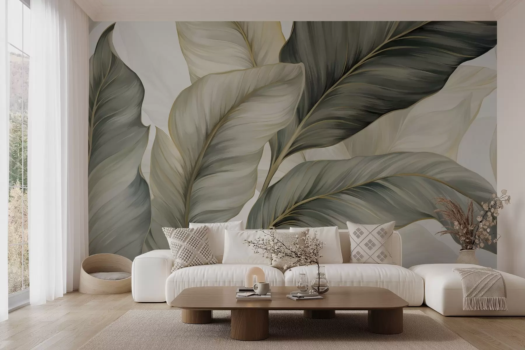wall murals Large, stylized textured leaves with detailed veins in various shades of green, cream and beige w08785