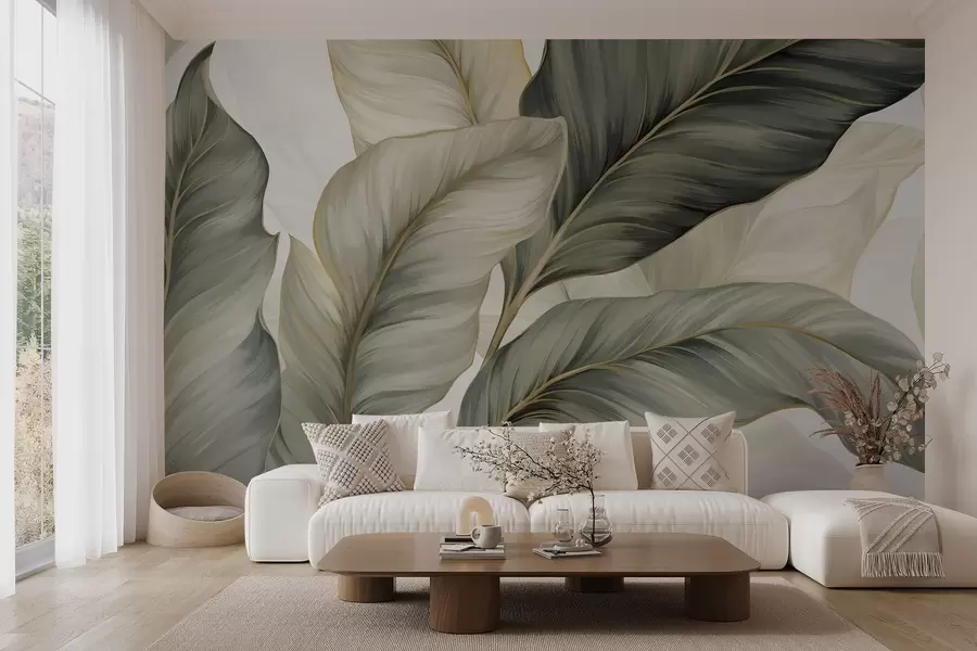wall murals Large, stylized textured leaves with detailed veins in various shades of green, cream and beige w08785