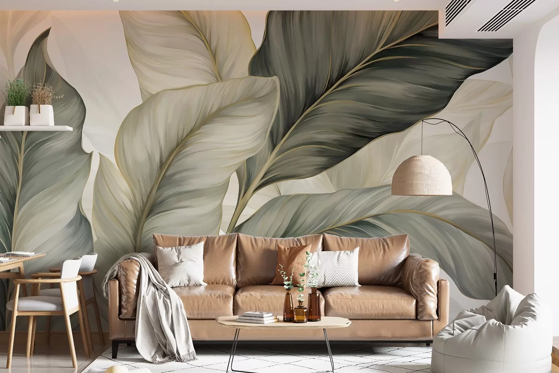 wall murals Large, stylized textured leaves with detailed veins in various shades of green, cream and beige w08785