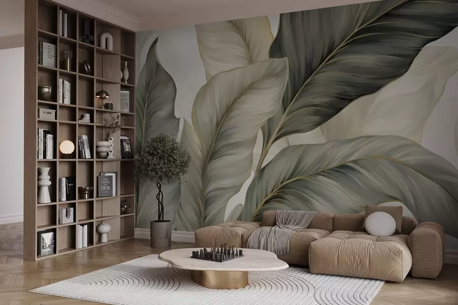 wall murals Large, stylized textured leaves with detailed veins in various shades of green, cream and beige w08785