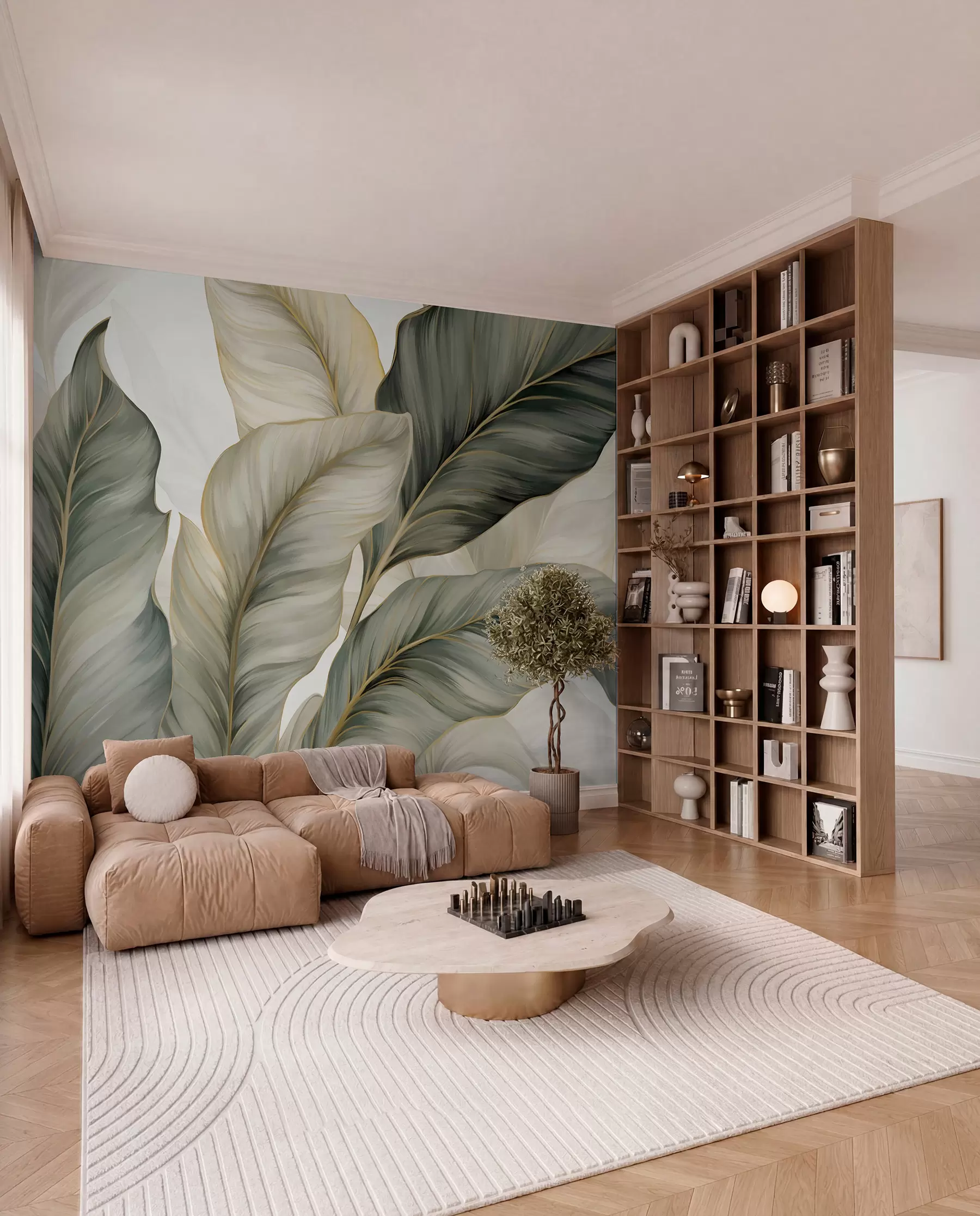 wall murals Large, stylized textured leaves with detailed veins in various shades of green, cream and beige w08785