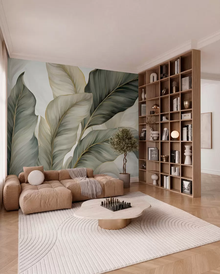 wall murals Large, stylized textured leaves with detailed veins in various shades of green, cream and beige w08785