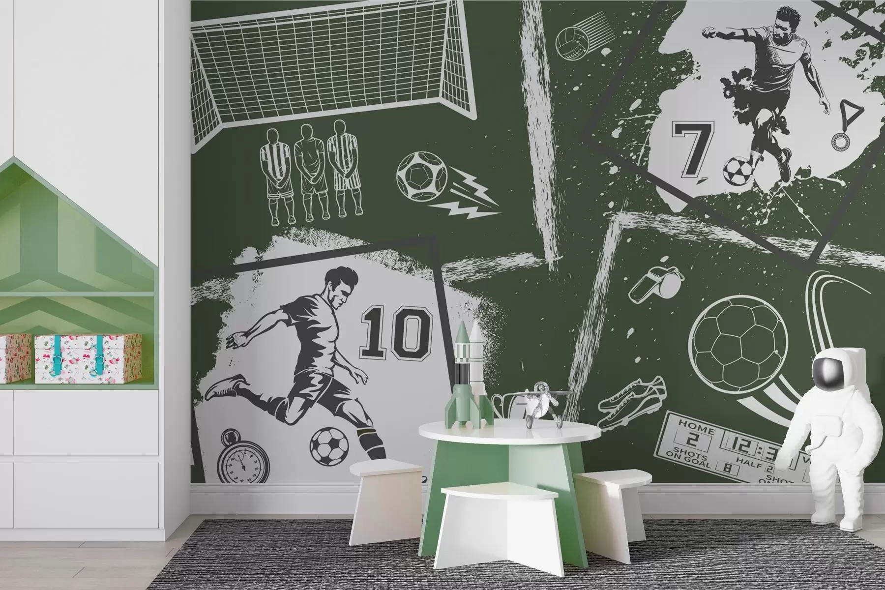 wall murals Football players, ball and other soccer attributes in green tones w03122v2