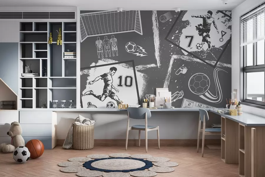 wall murals Football players, ball and other soccer attributes in gray tones w03122v1