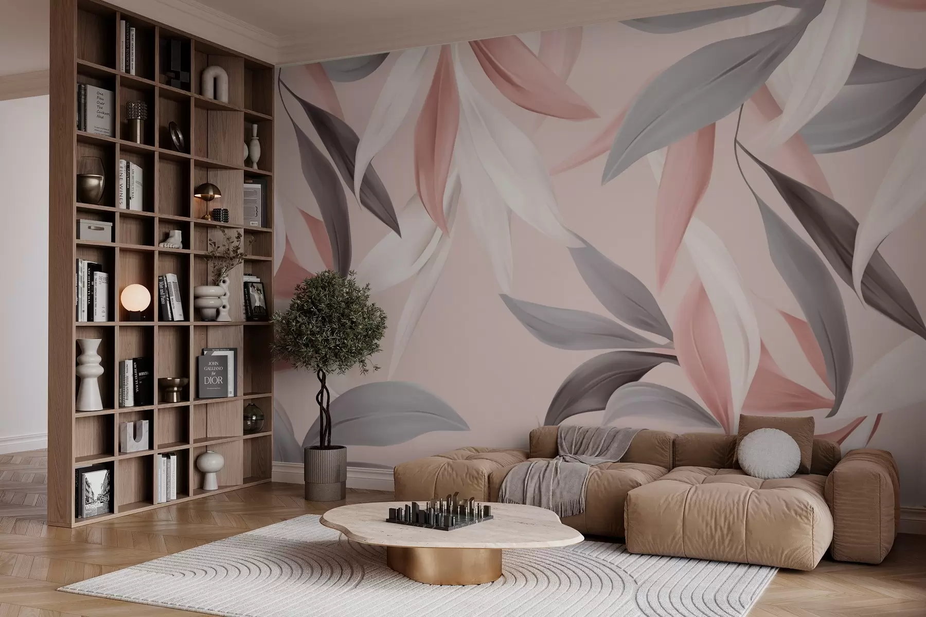 wall murals Delicate tropical leaves in pink shades w03123