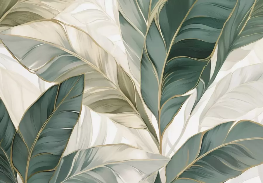 wall murals Green tropical leaves on gray and white background w03124