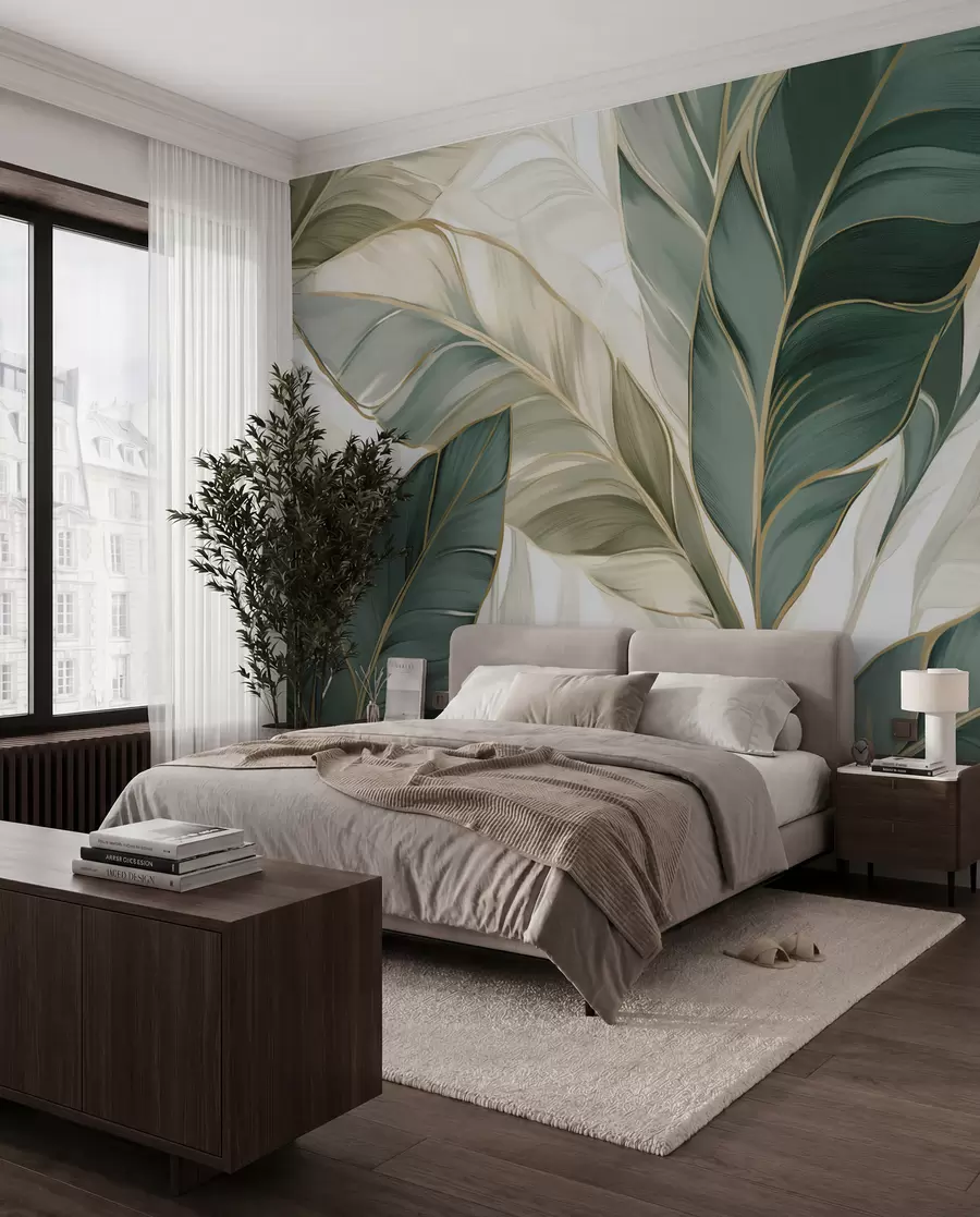 wall murals Green tropical leaves on gray and white background w03124