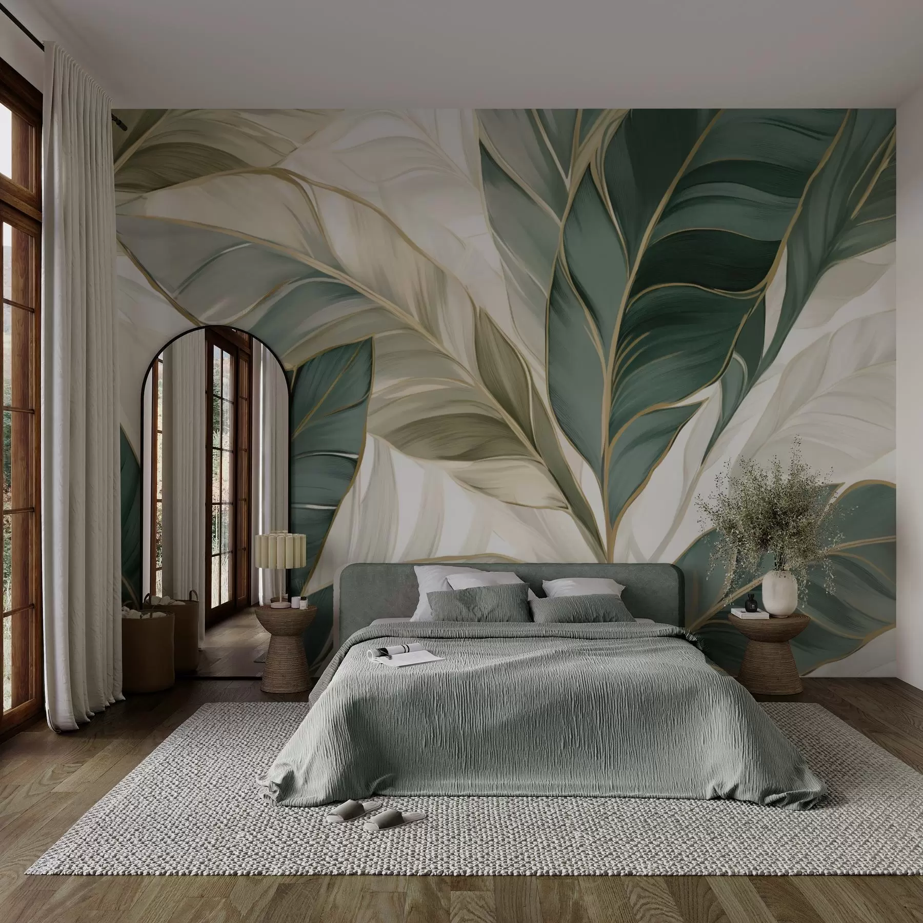 wall murals Green tropical leaves on gray and white background w03124