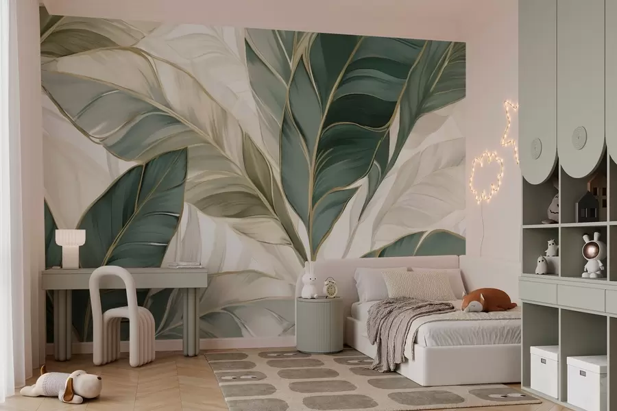 wall murals Green tropical leaves on gray and white background w03124