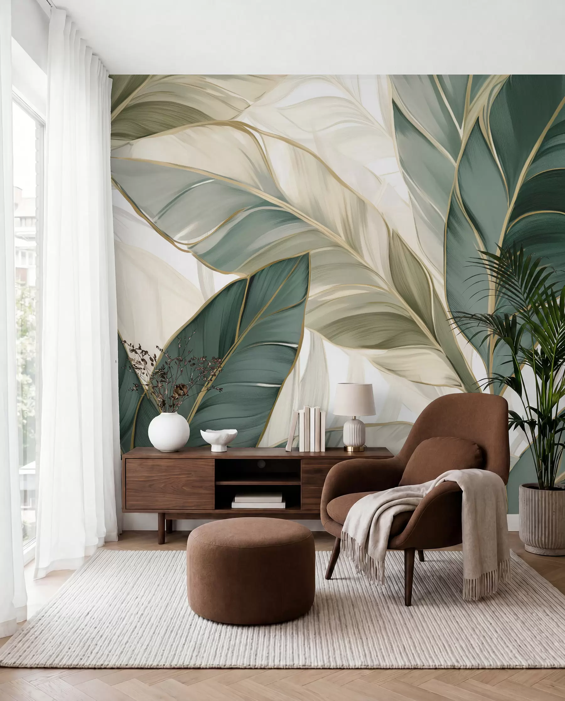 wall murals Emerald and Ivory Leaves w03124