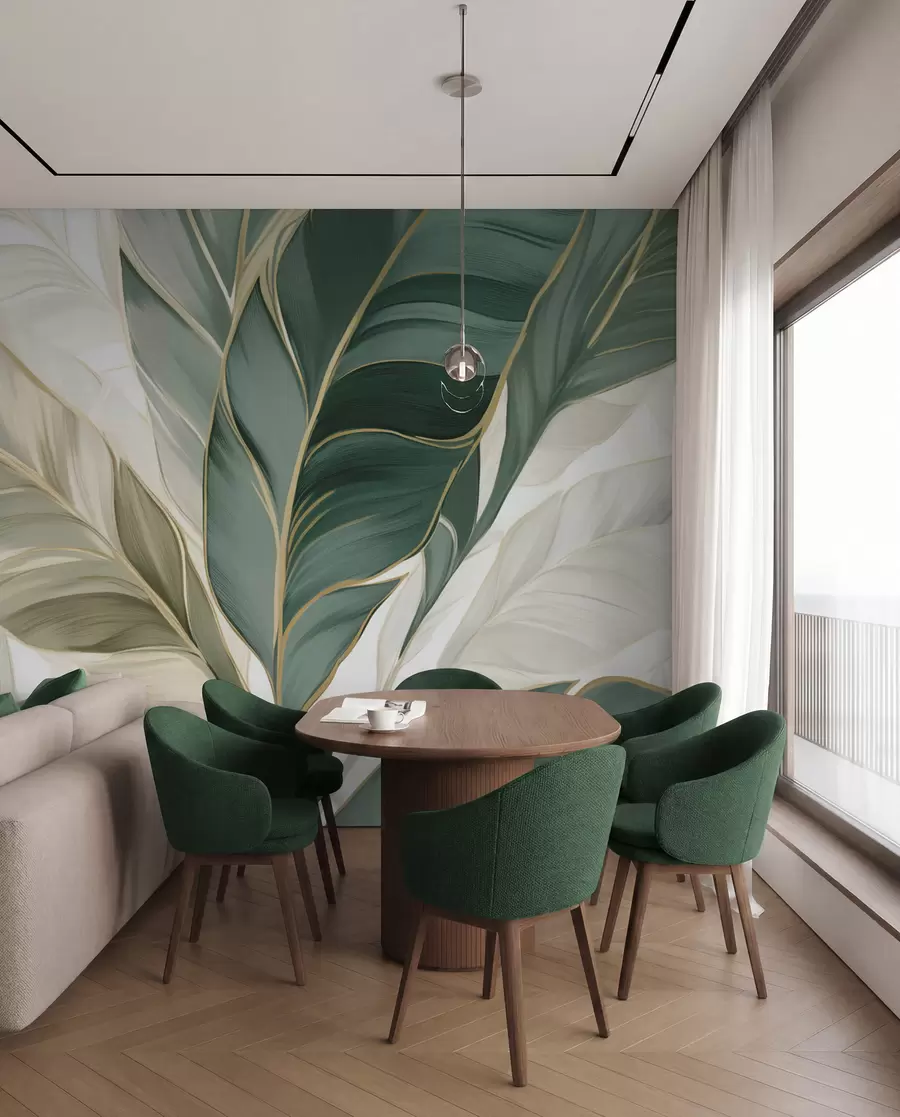 wall murals Green tropical leaves on gray and white background w03124