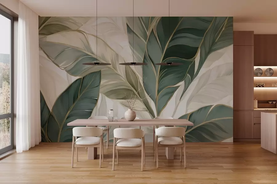 wall murals Green tropical leaves on gray and white background w03124