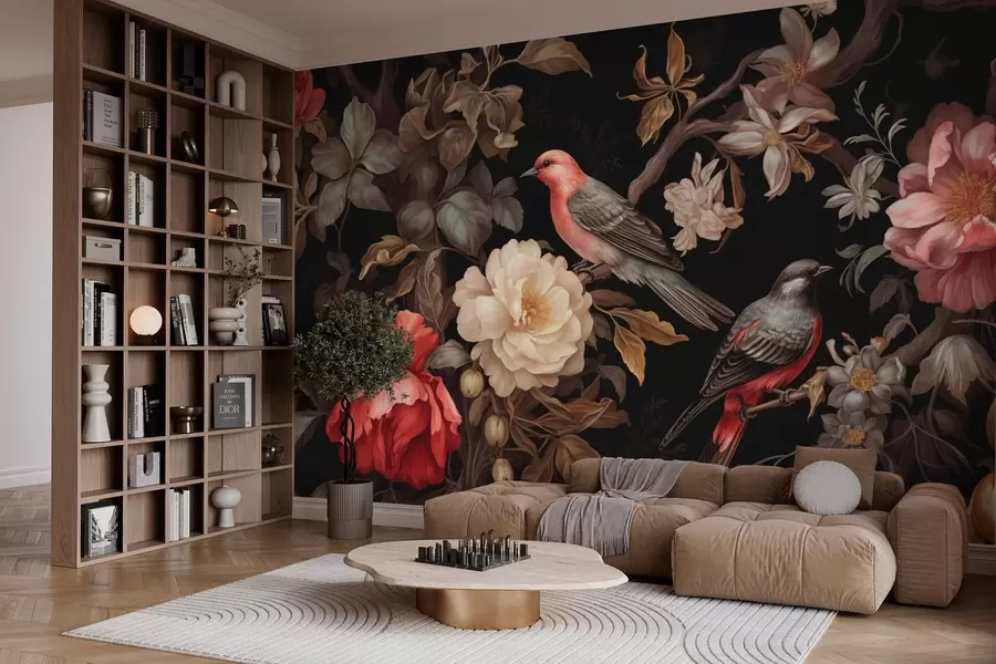 wall murals Birds and flowers in dark accents w03131