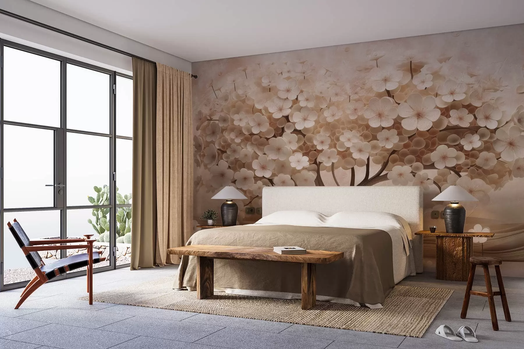 wall murals Abstract tree with small flowers on the background of an aged wall w08794