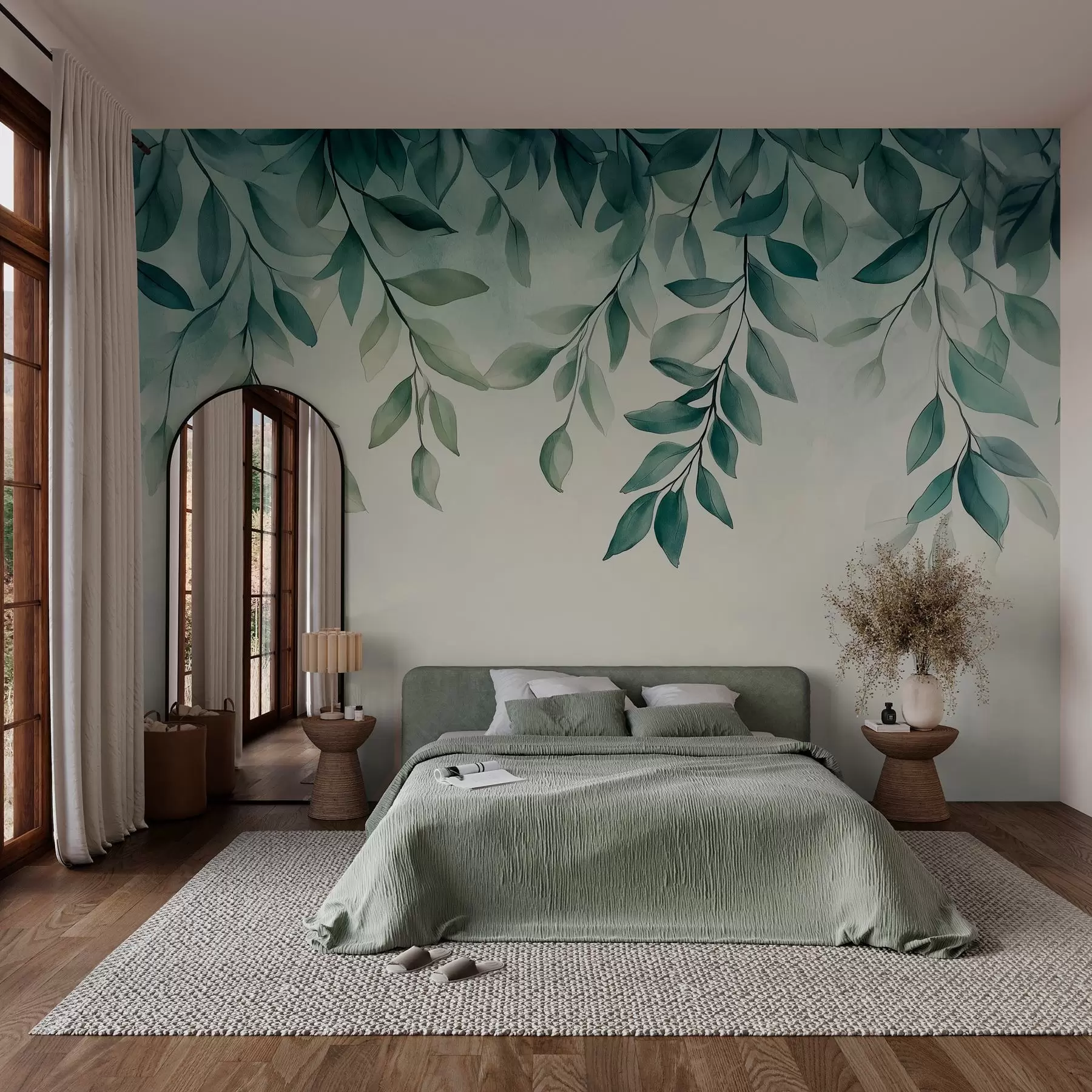 wall murals green watercolor-style leaves hanging from the top w03024