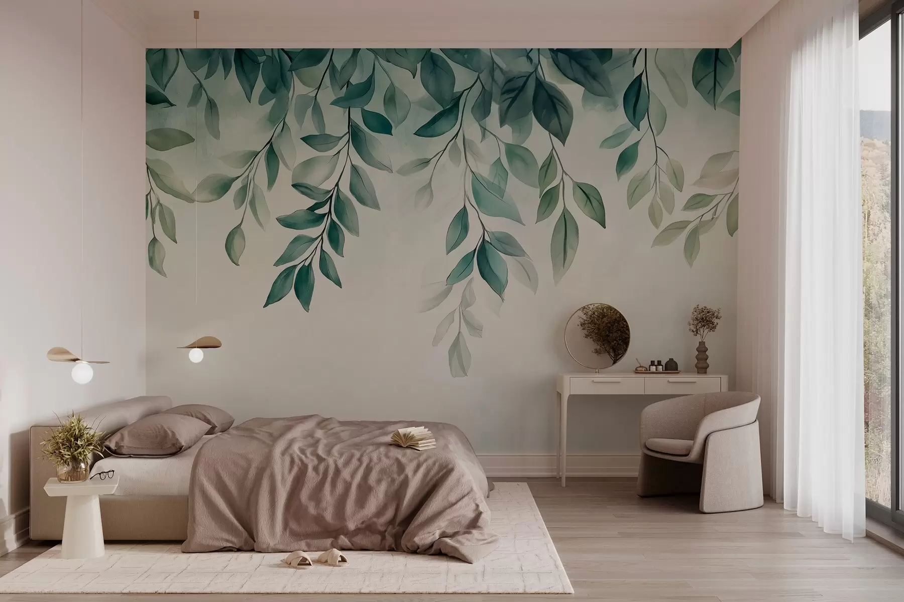 wall murals green watercolor-style leaves hanging from the top w03024
