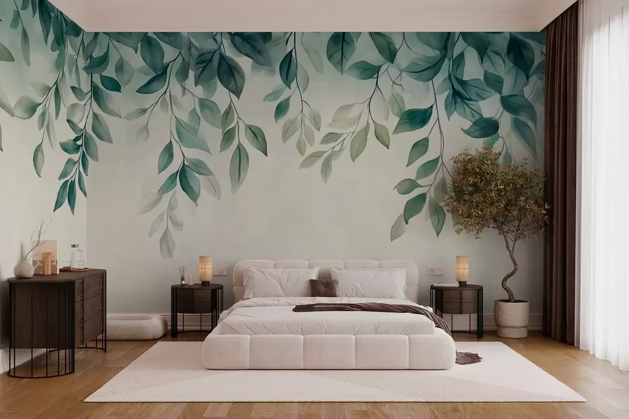 wall murals green watercolor-style leaves hanging from the top w03024