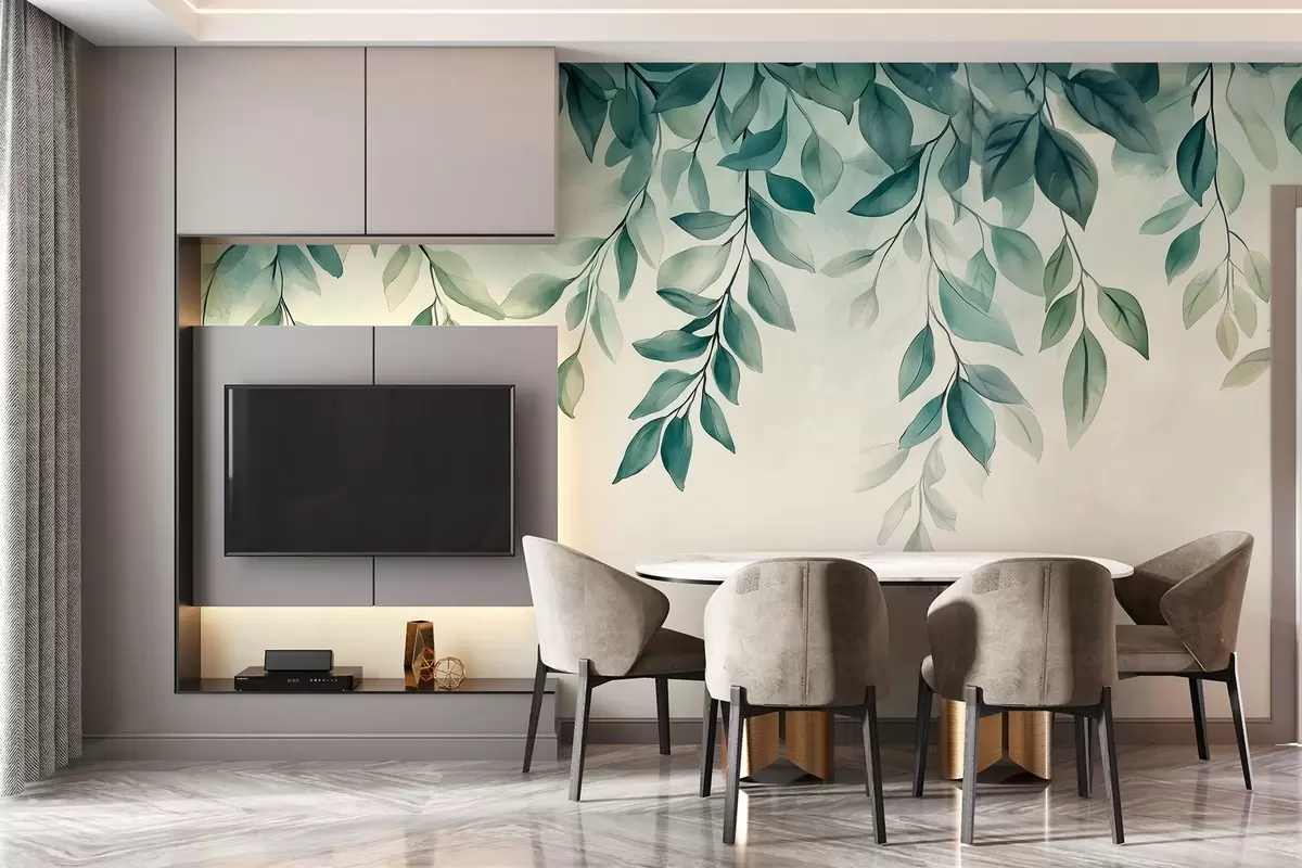wall murals green watercolor-style leaves hanging from the top w03024