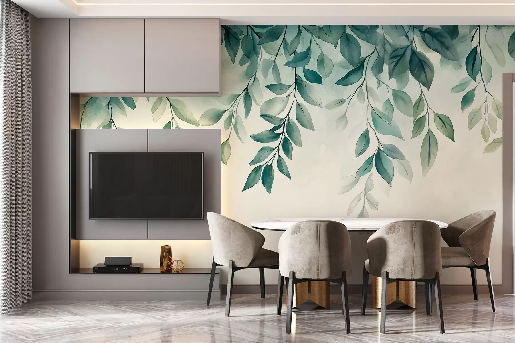 wall murals green watercolor-style leaves hanging from the top w03024