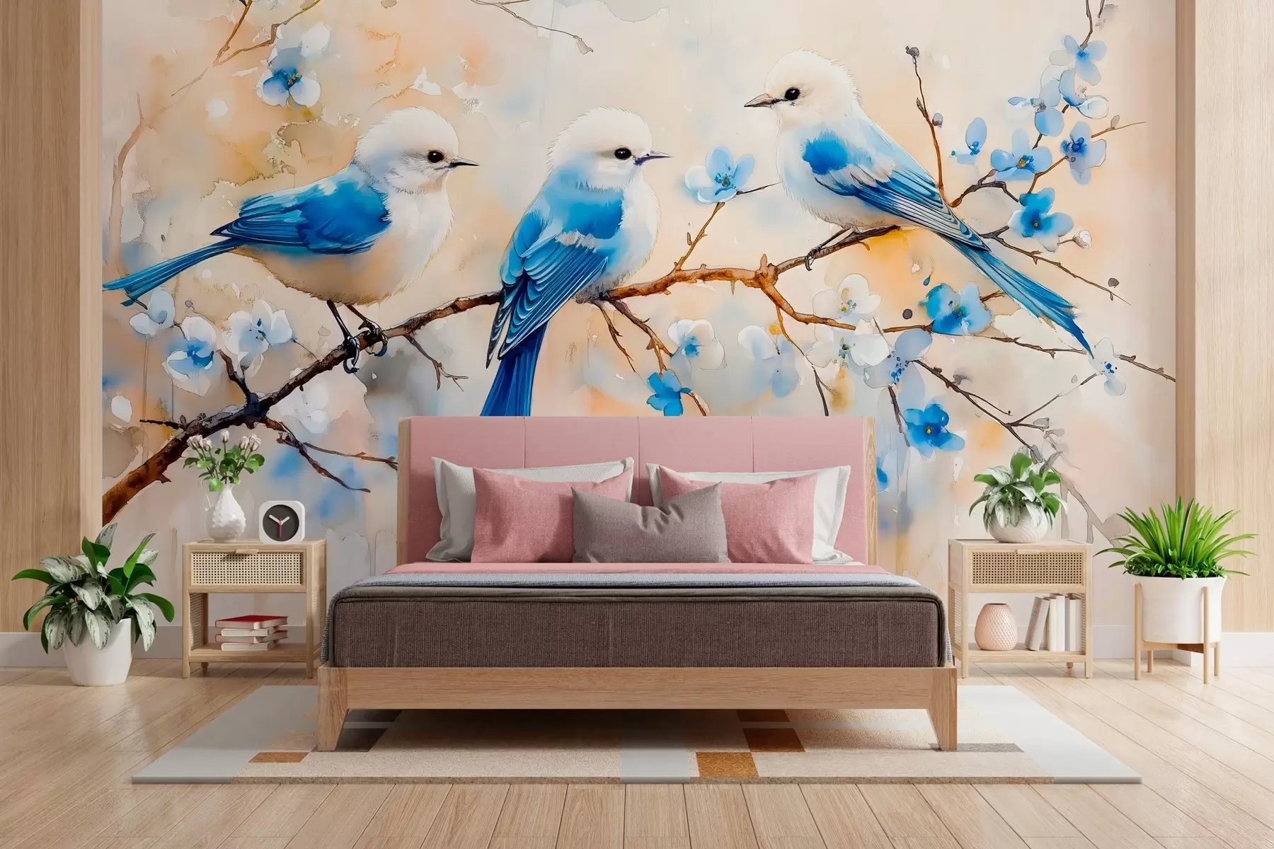 wall murals spring songbirds on a tree branch in watercolor style w03112