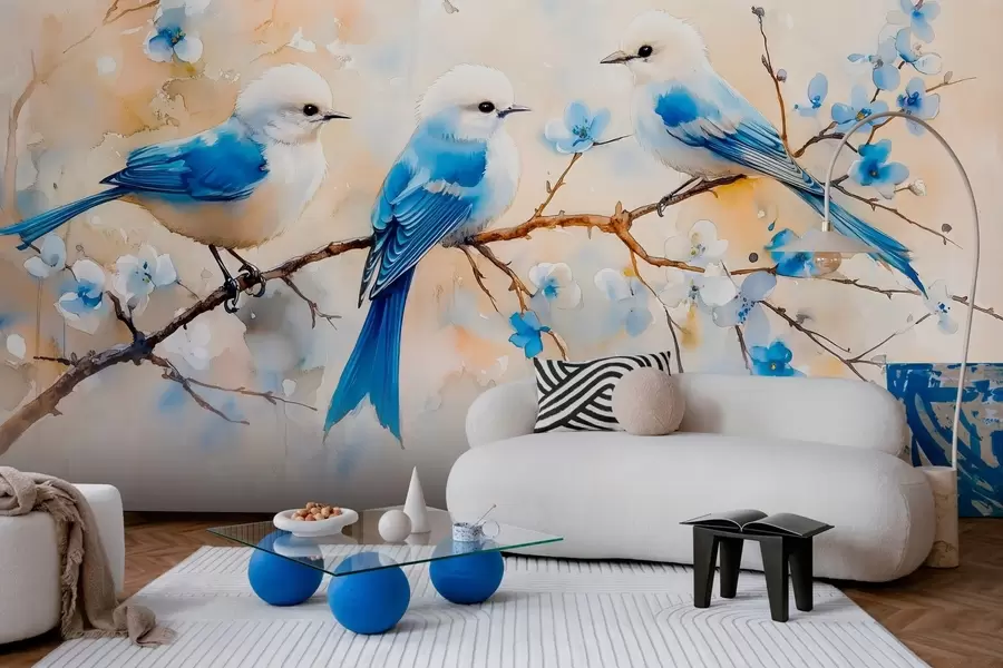 wall murals spring songbirds on a tree branch in watercolor style w03112