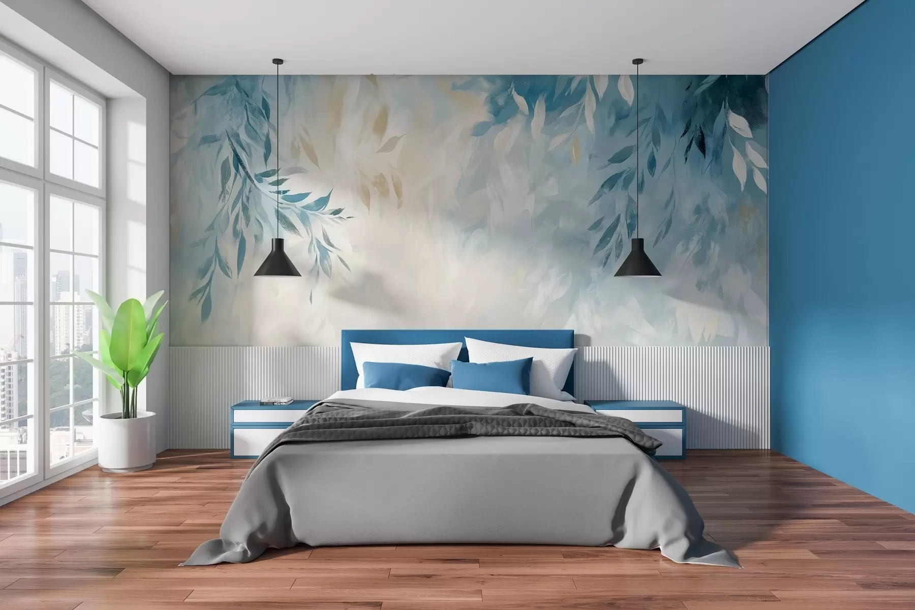 wall murals abstract blue leaves with oil painting style strokes w03114