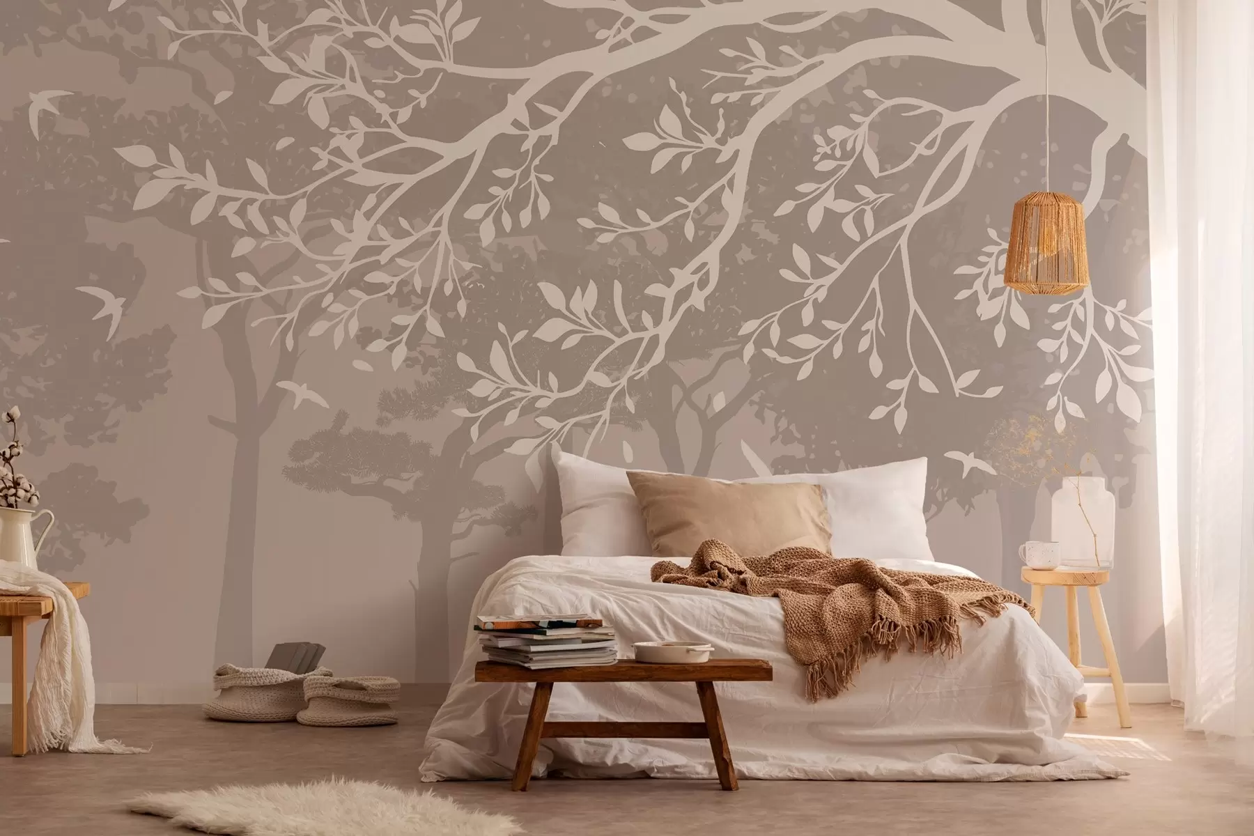 wall murals silhouette of a creamy tree branch with birds, on the background of the forest w03116