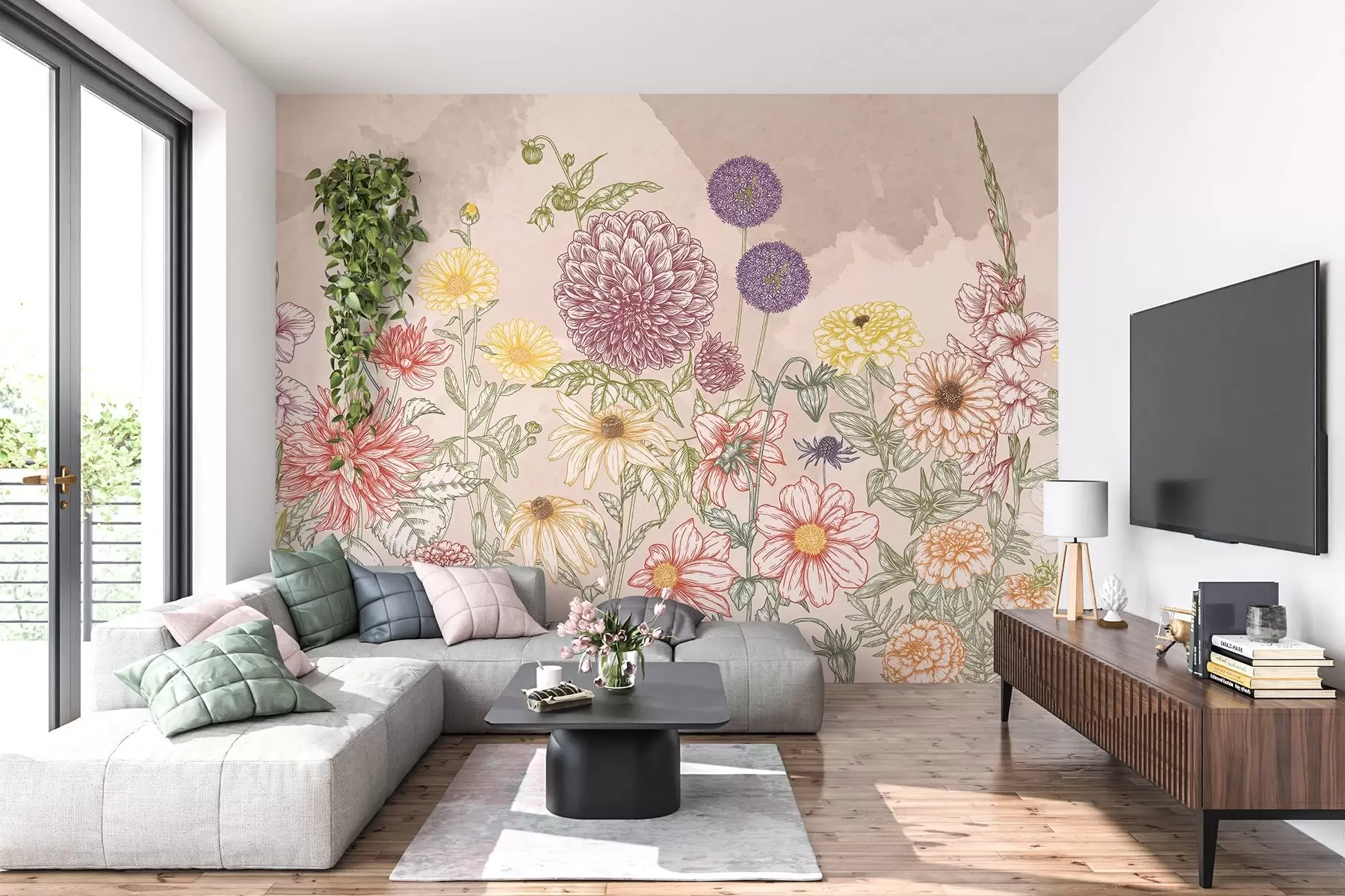 wall murals Romantic botanical illustration with wildflowers in pastel shades w03158
