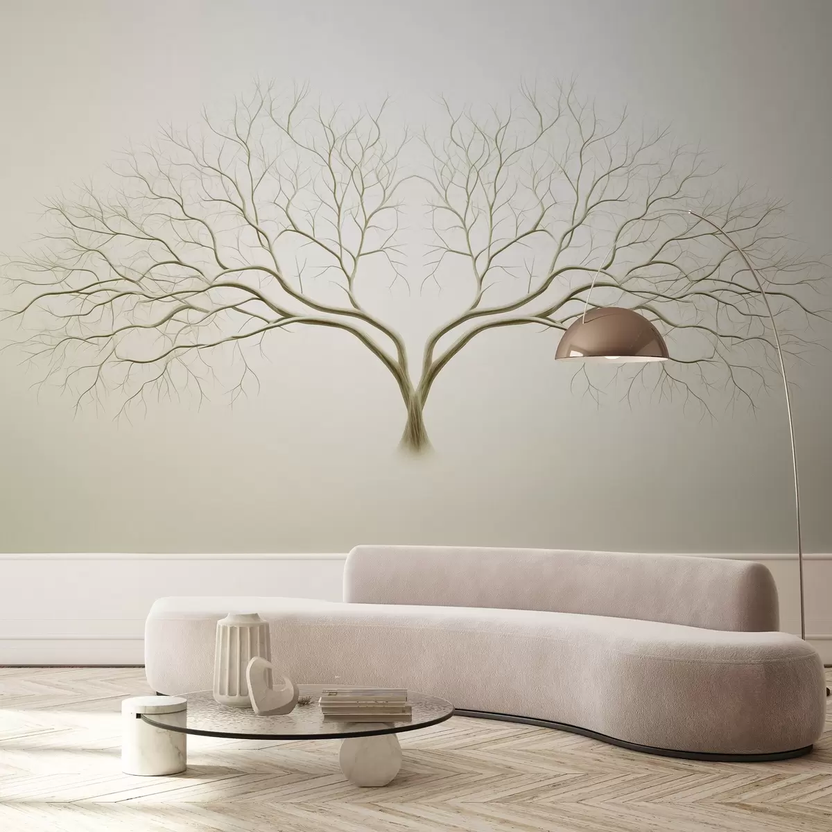 wall murals Minimalistic image of a tree with delicate branches on a light beige background w03159v2