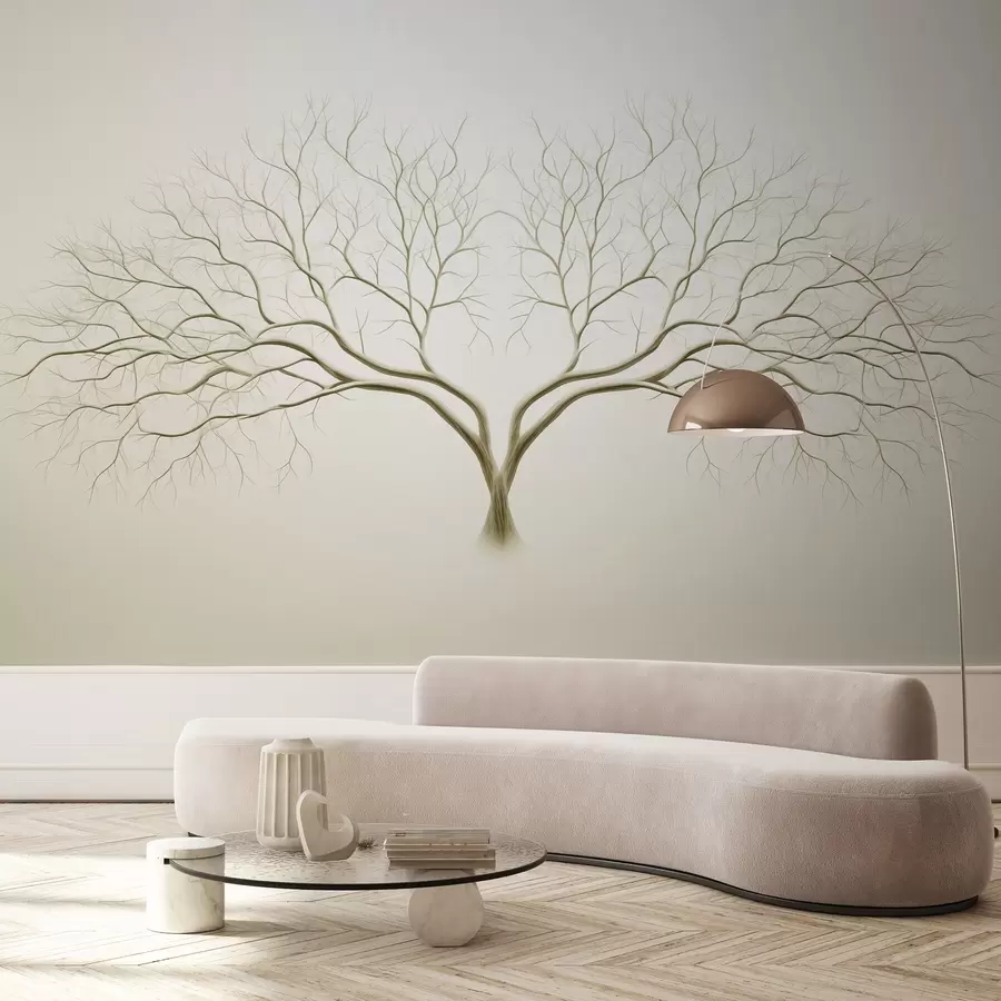 wall murals Minimalistic image of a tree with delicate branches on a light beige background w03159v2