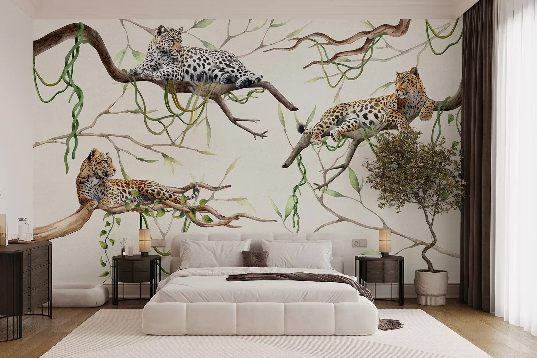 wall murals Leopards on the jungle trees, lianas, tropical, wild animals, natural color pallete w03146