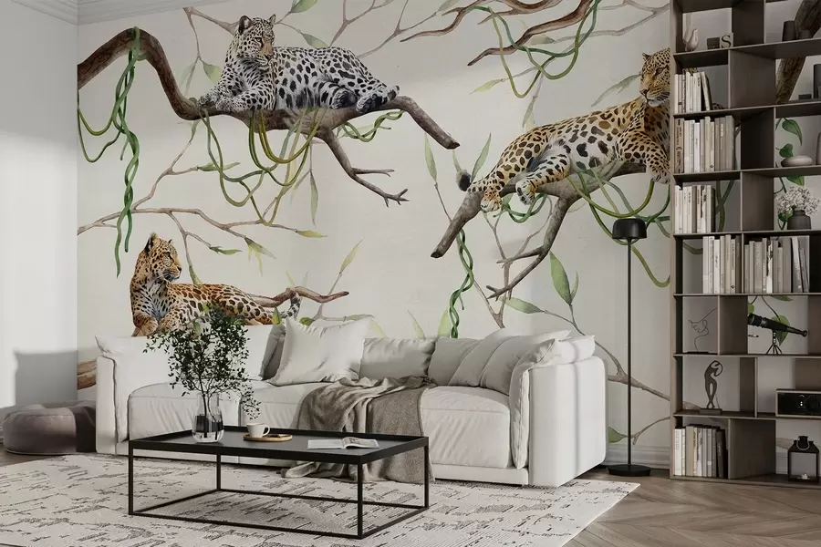 wall murals Leopards on the jungle trees, lianas, tropical, wild animals, natural color pallete w03146