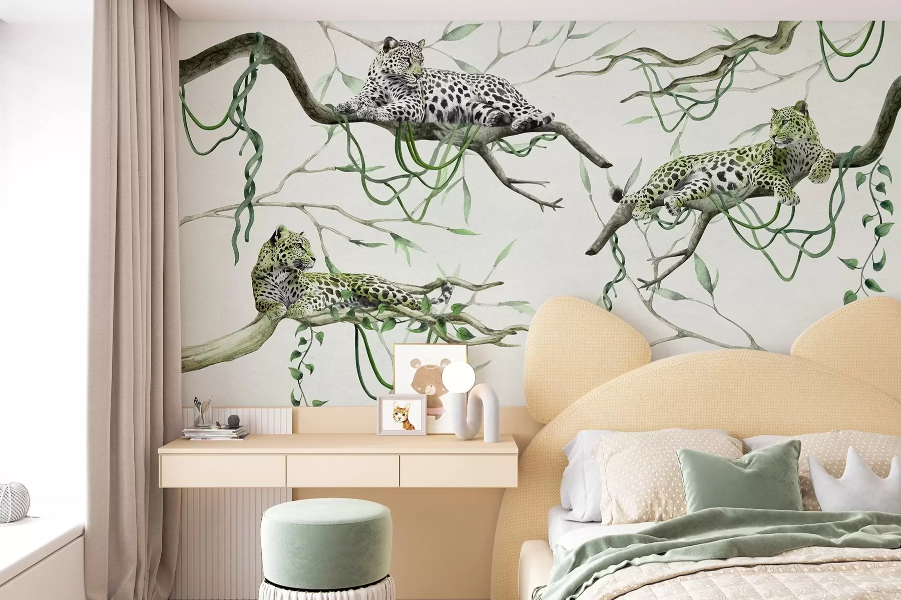 wall murals Leopards on the jungle trees, lianas, tropical, wild animals, green color pallete w03146v1
