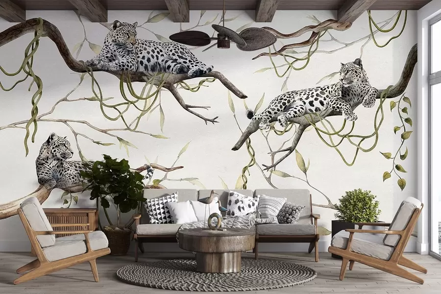 wall murals Leopards on the jungle trees, lianas, tropical, wild animals, pastel color pallete w03146v4