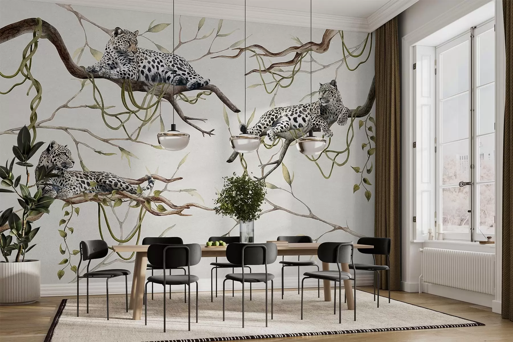 wall murals Leopards on the jungle trees, lianas, tropical, wild animals, pastel color pallete w03146v4