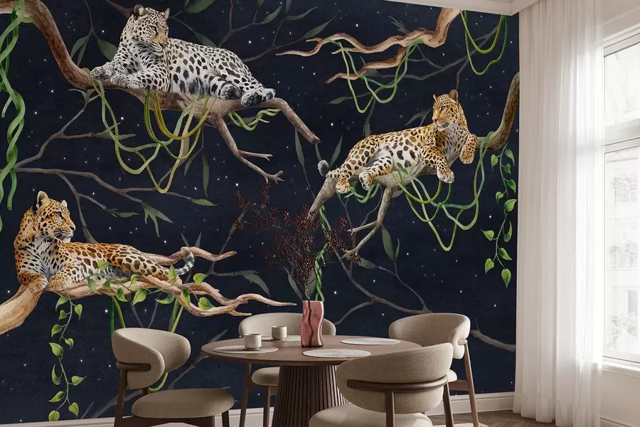 wall murals Leopards on the jungle trees, lianas, tropical, wild animals, night sky with stars w03148