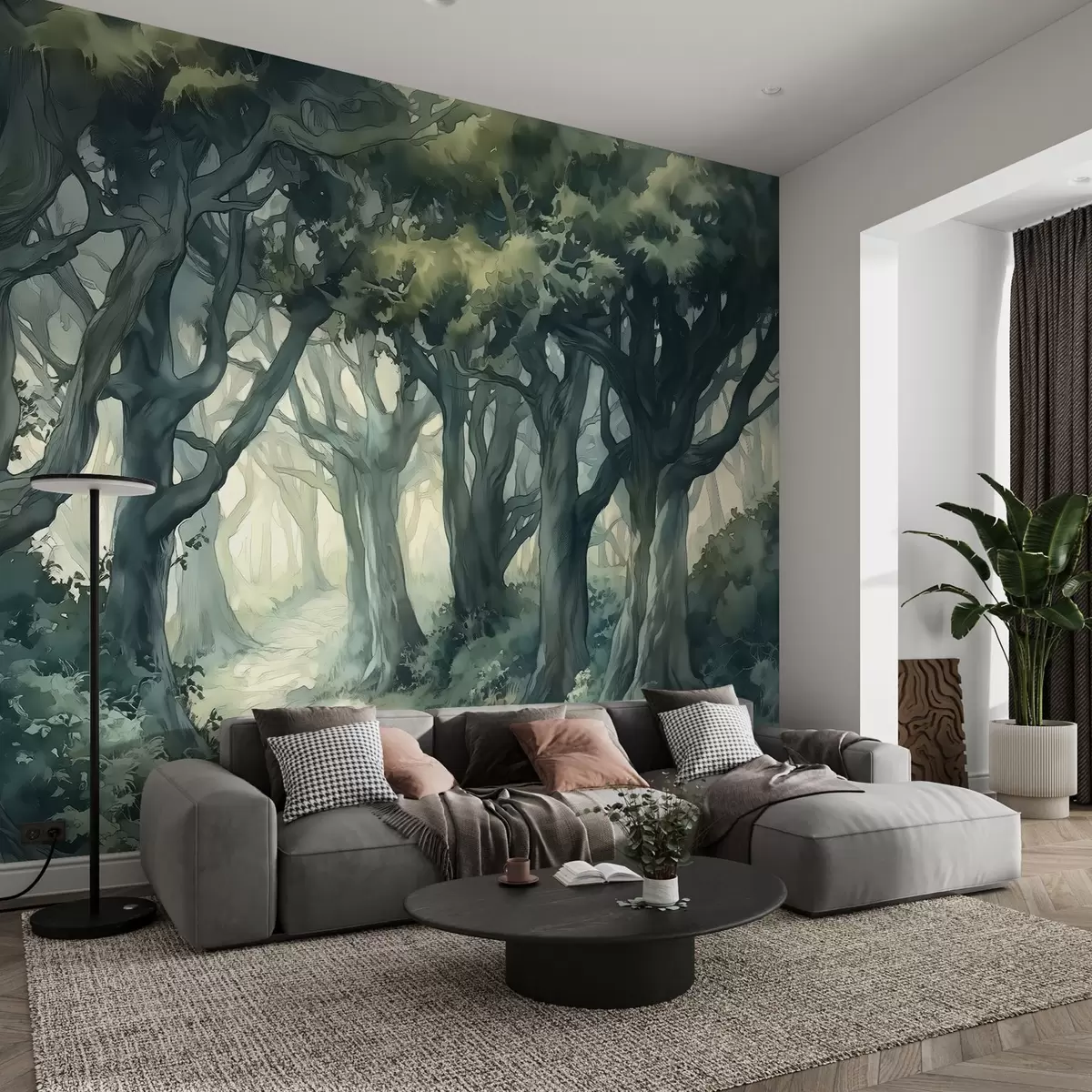wall murals Forest with big trees, green color spallete, watercolor style drawing w03150