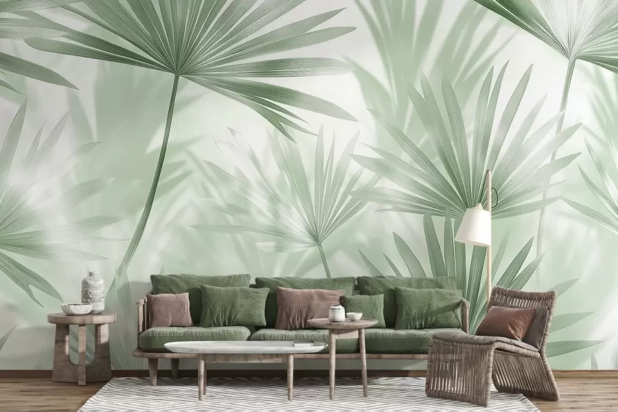 wall murals Palm leaves, floral pattern, minimalism, tropical, green colors w03152v2