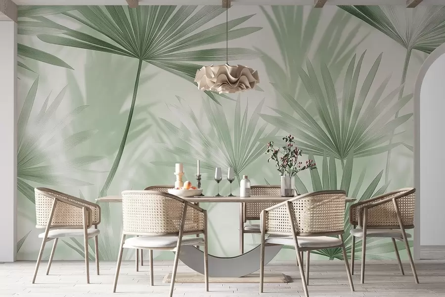 wall murals Palm leaves, floral pattern, minimalism, tropical, green colors w03152v2